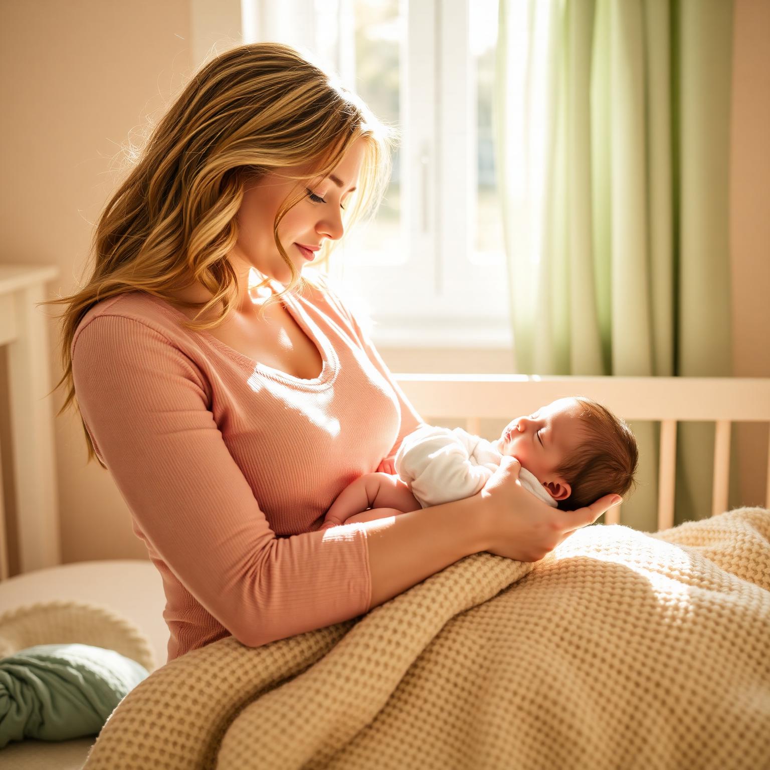 A mother gently holds her sleeping newborn in a sun-lit nursery